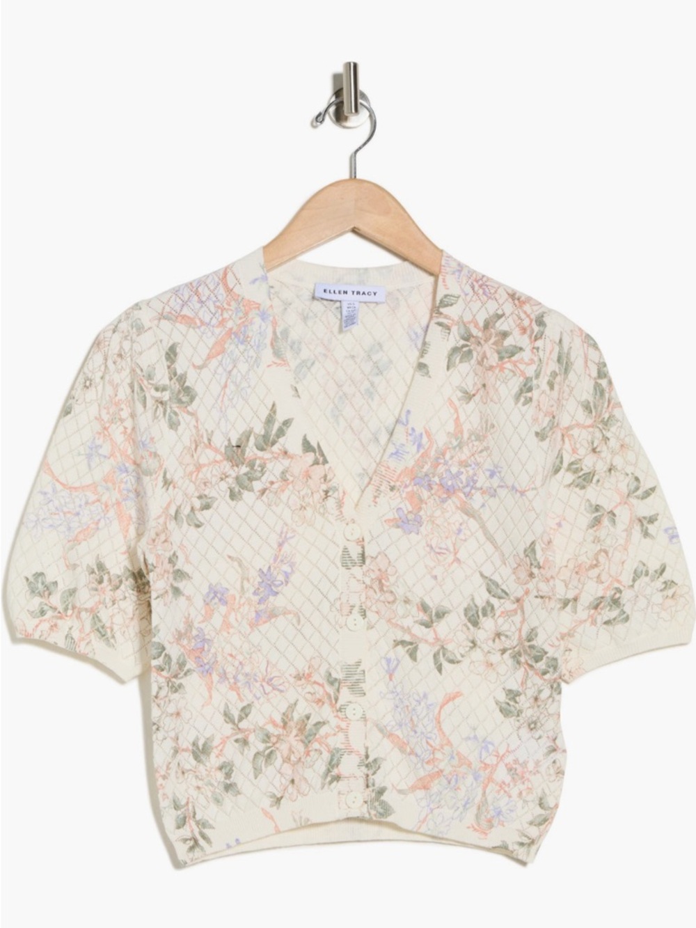 Ellen Tracy Cream Floral Short-Sleeve V-Neck Button Cardigan Top - Picture 4 of 8